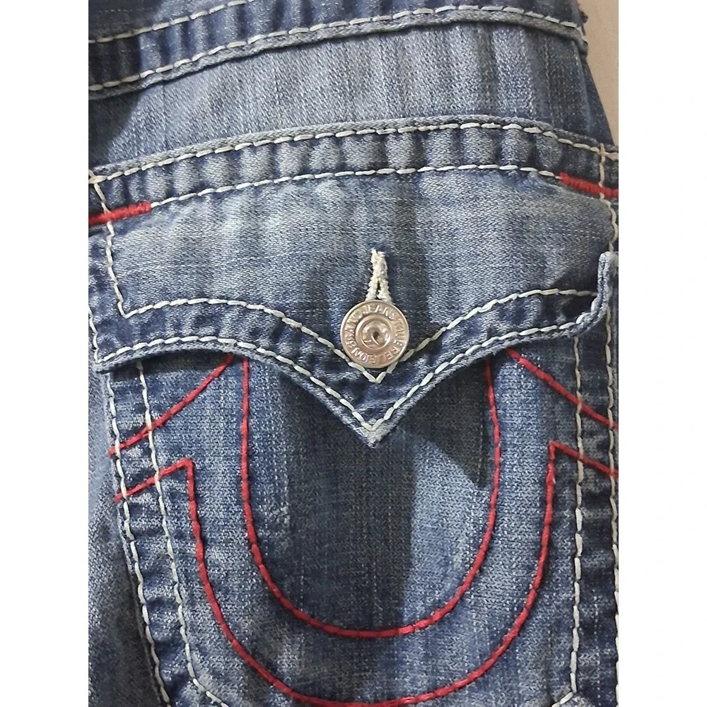 True Religion Section Straight Mens Jeans Size 31 Distressed Patchwork BlueDenim